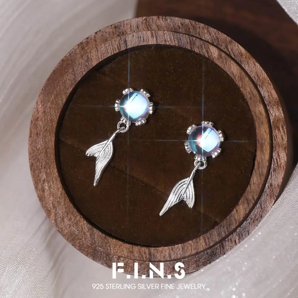 

F.I.N.S Moonstone Bubble Fishtail S925 Sterling Silver Small Stud Earrings For Women Fashion Versatile Mermaid Party Ear Jewelry