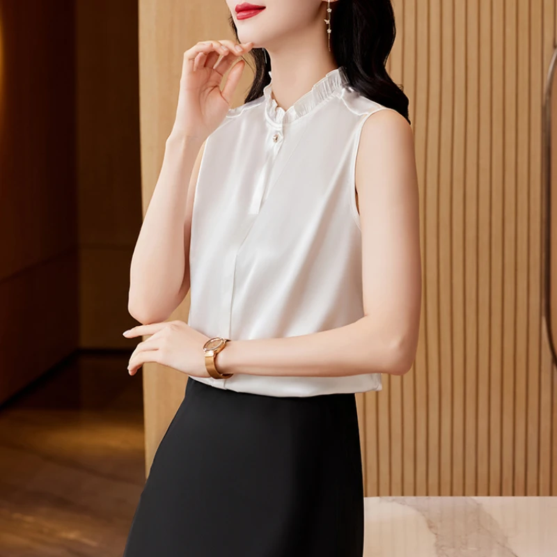 2025 New Stand Collar Blouse Beaded Vest for WomenSpring Summer Chic Sleeveless Women's Clothing Solid Single Button Women Tops