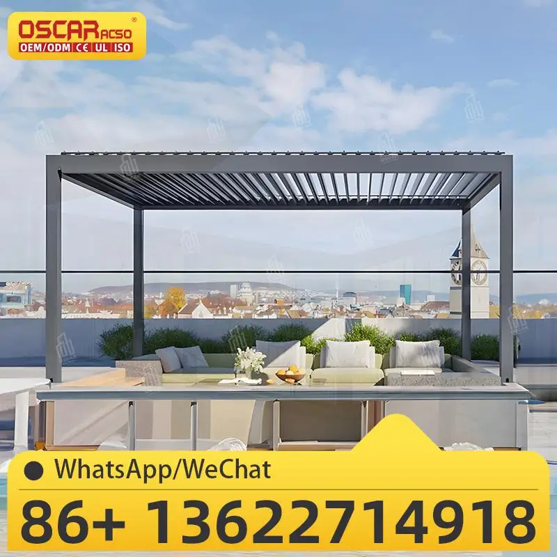 Pérgula impermeável ajustável com persianas elétricas para pátio varanda pérgula externa