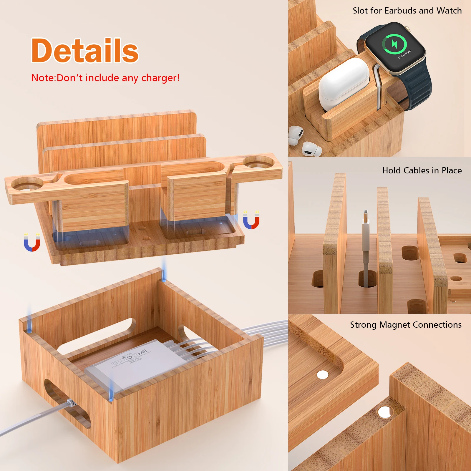 Bamboo Charging Station Organizer for Multiple Devices, Desktop Docking Station Compatible with Phone, Tablet, Earbuds