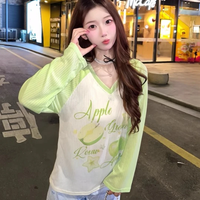 

Summer Green Splicing Sweet Cool Fruit Print Women's T-Shirt Loose V-Neck Long Sleeve Sun Protection Breathable T-Shirts Ladies