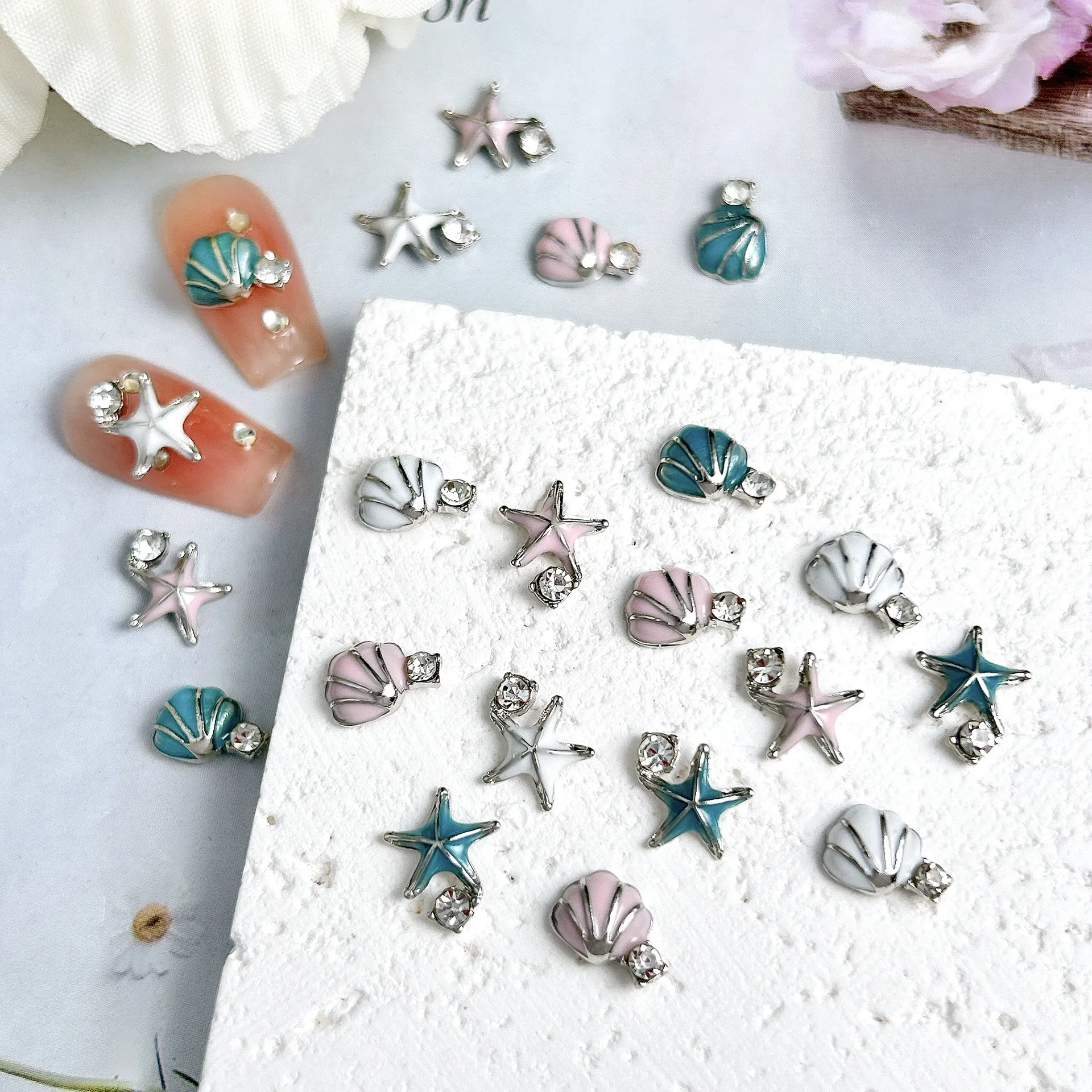 10Pcs Ocean Fantasy Nail Charms - 3D Alloy Starfish & Seashell Rhinestones for Mermaid-Inspired Manicures