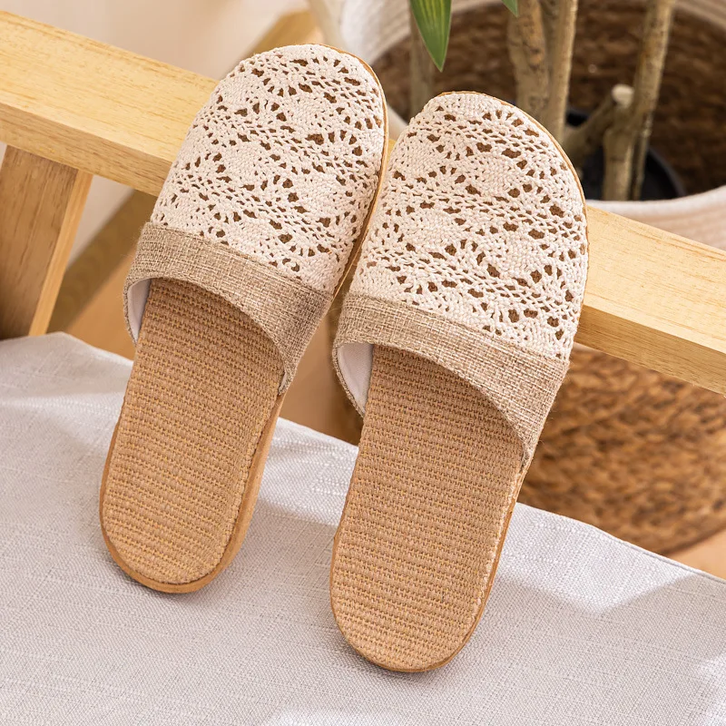 Neue orientalische Flachs-Hausschuhe für Damen, Sommer, für den Innenbereich, Sommer-Holzboden-Hausschuhe für Herren, Frühling und Herbst – Detail 7
