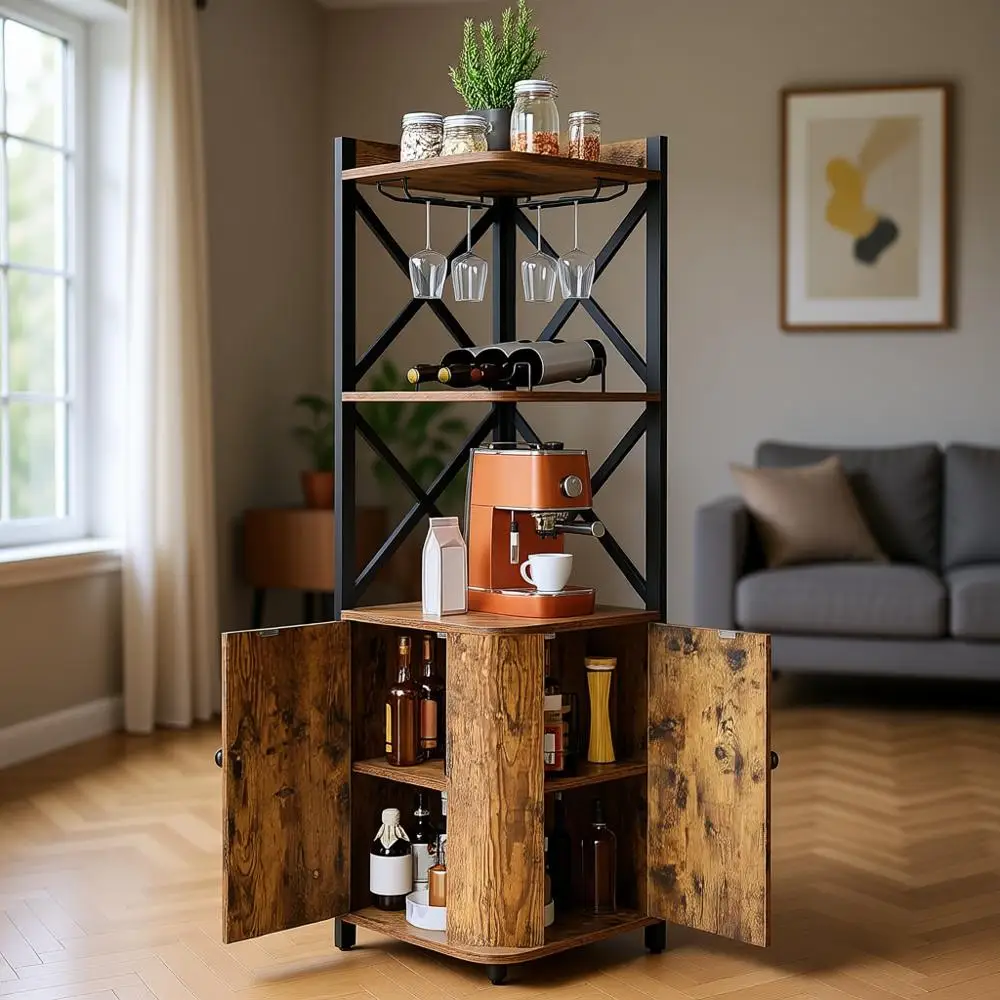 

5-ярусный шкаф для напитков в индустриальном стиле с стеклянными дверцами и местом для хранения вина, для домашнего бара или кухни, коричневый