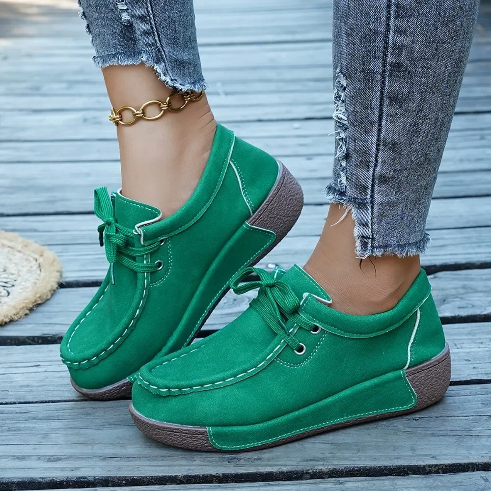 Women's Lace-Up Platform Loafers, Contrast Stitching Wedge Casual Shoes, Comfort Thick Sole Non-Slip Walking Shoes