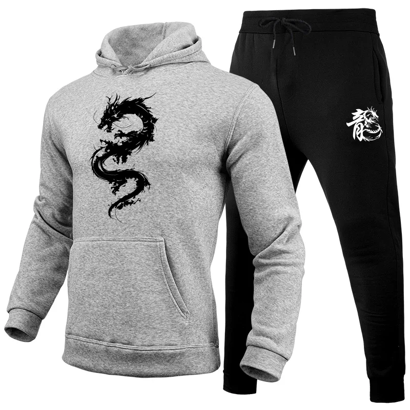 

Men Hooded Sweatshirt Jogger Pants Autumn Winter Casual Sports Jogging Suit Chinese Dragon Printed Hoodies Tracksuit Gym Outfits