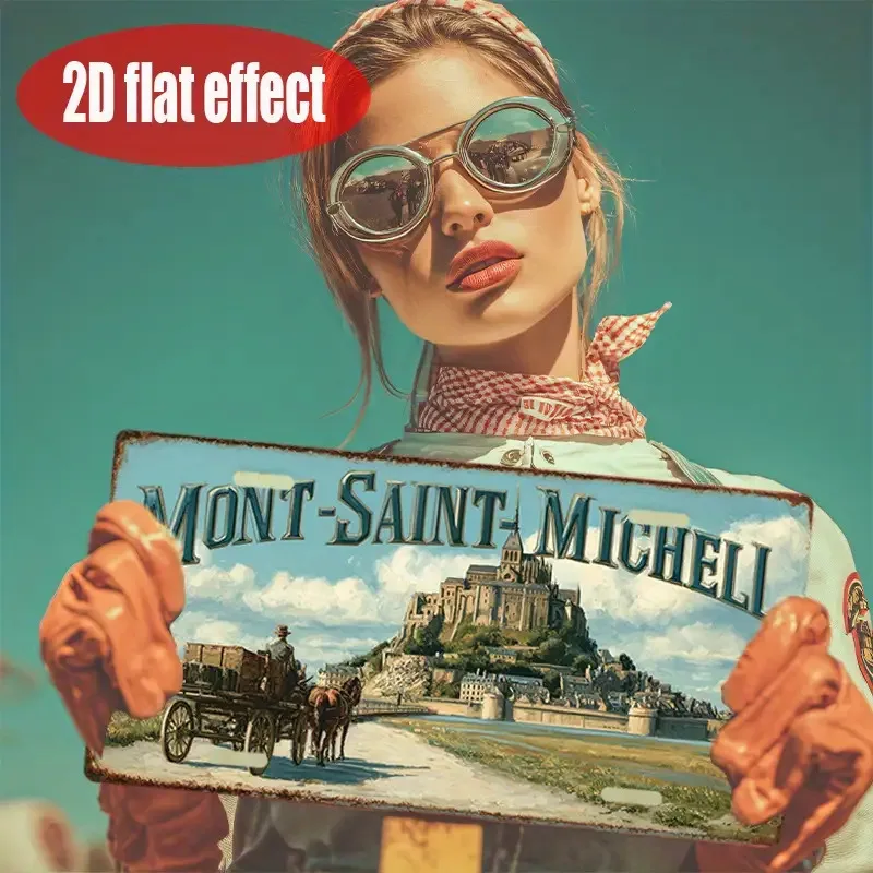 طباعة مسطحة ثنائية الأبعاد، قطعة واحدة، لافتة قصدير معدنية قديمة، لوحة فنية جدارية خارجية، علامة MONT - SAINT - MICHEL، ديكور قديم، مسار