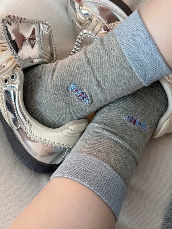 Grey Mid-Calf Autumn Winter Women's Socks Color Block Long Socks Cute Korean Style  Style Yarn Pile Socks Trendy