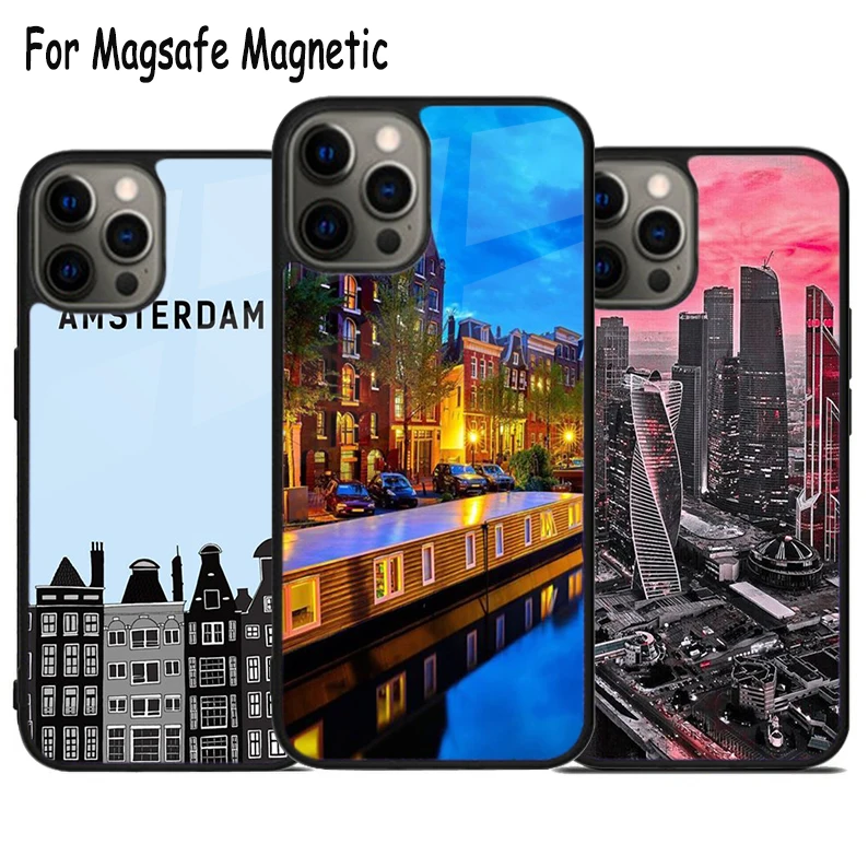 Amsterdam City Poster Wireless Charge Magsafe Phone Case For iPhone 15 16 14 13 11 12 Pro Max Plus Magnetic Bumper Cover