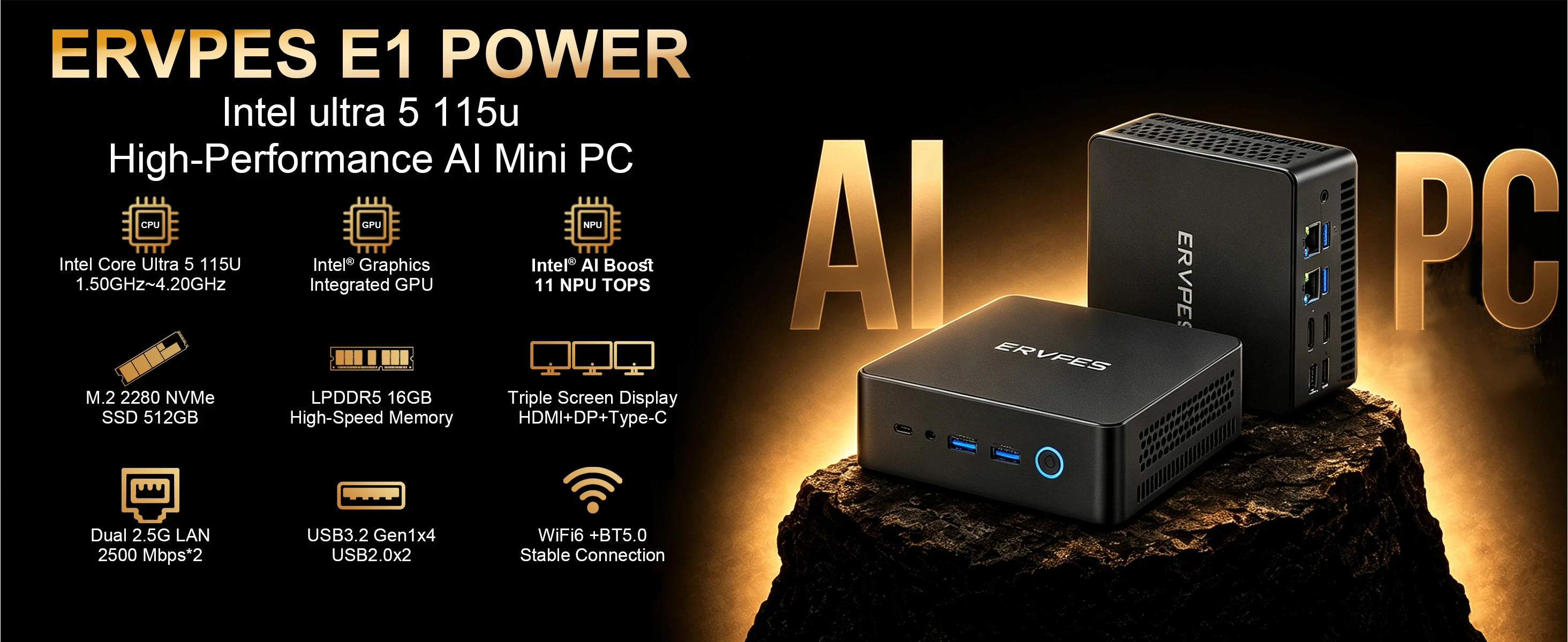 ERVPES E1Power Mini AI PC Intel Core Ultra 5 115U 8 Cores 10 Threads 16GB LPDDR5 512GB SSD WiFi Bluetooth USB HDMI Type-C Windows 11 Wifi 6 BT5.0