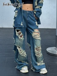 TWOTWINSTYLE Hole Hollow Out Denim Pants For Women High Waist Loose Patchwork Pockets Streetwear Wide Leg Jeans Female Fashion