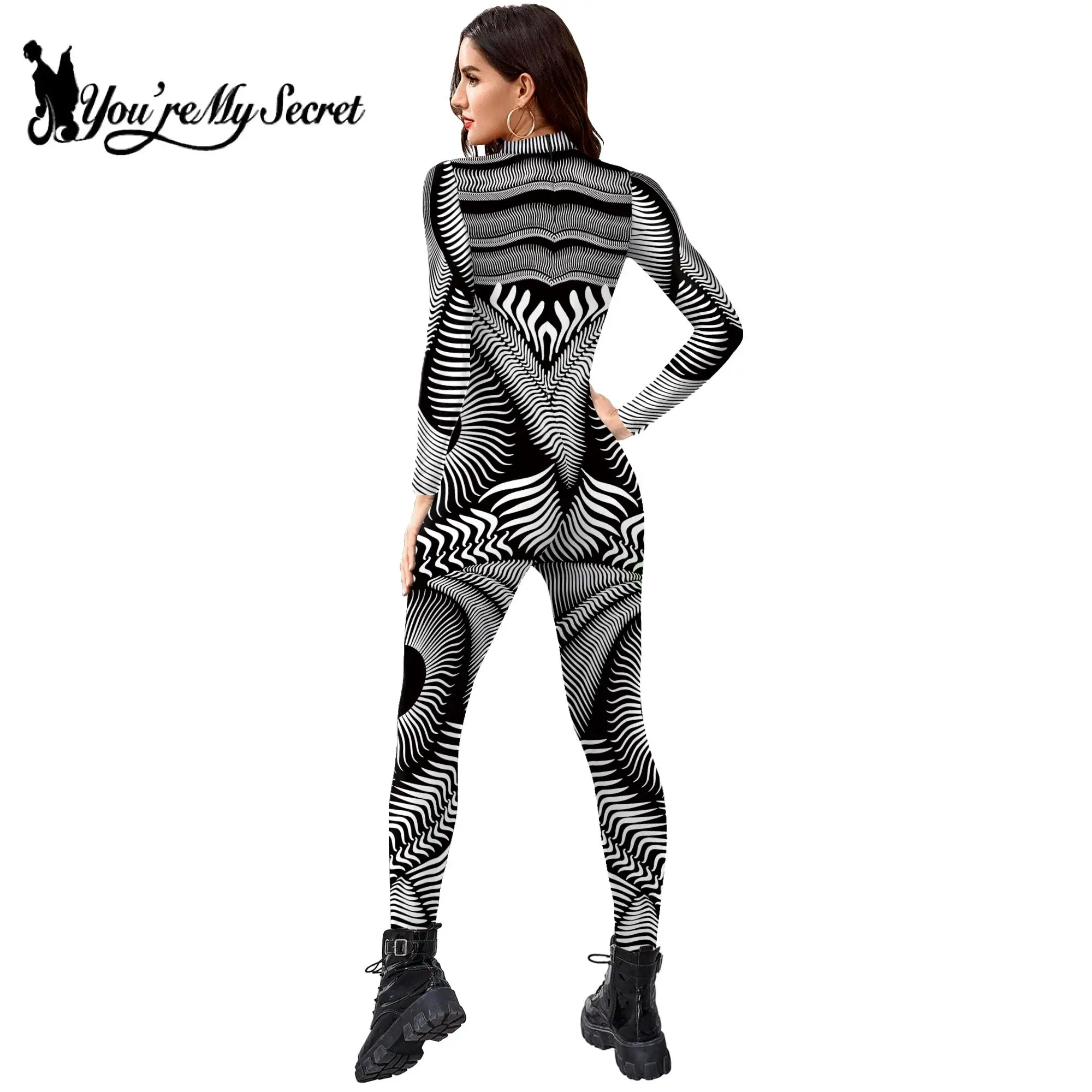 [Sei il mio segreto] donna uomo Skinny Zebra Stripe stampa tuta elastica Halloween Party costumi Cosplay Fancy Outfit Catsuits