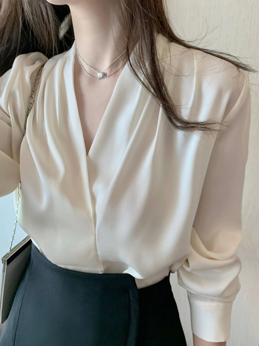 

DAJO'S Spring Summer New Color Blouse V-ne irt Textured Sensation Commute Polyester Fiber Long Sve Breathable Skin-fri...