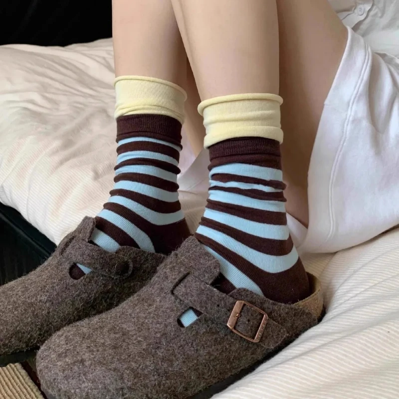 Women's Socks Japanese Striped Contrasting Dopamine Kawaii Rolled Edge Sports Mid Tube Socks Comfortable Breathable Cotton Socks image 3