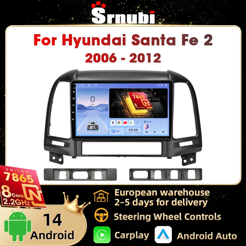 Autoradio Srnubi 2 Din pour Hyundai Santa Fe 2 2006-2012, Carplay sans fil, Android Auto, navigation GPS, lecteur multimédia vidéo 9 pouces, unité centrale stéréo UIS7865 compatible avec SWC, écran QLED, 4G WIFI