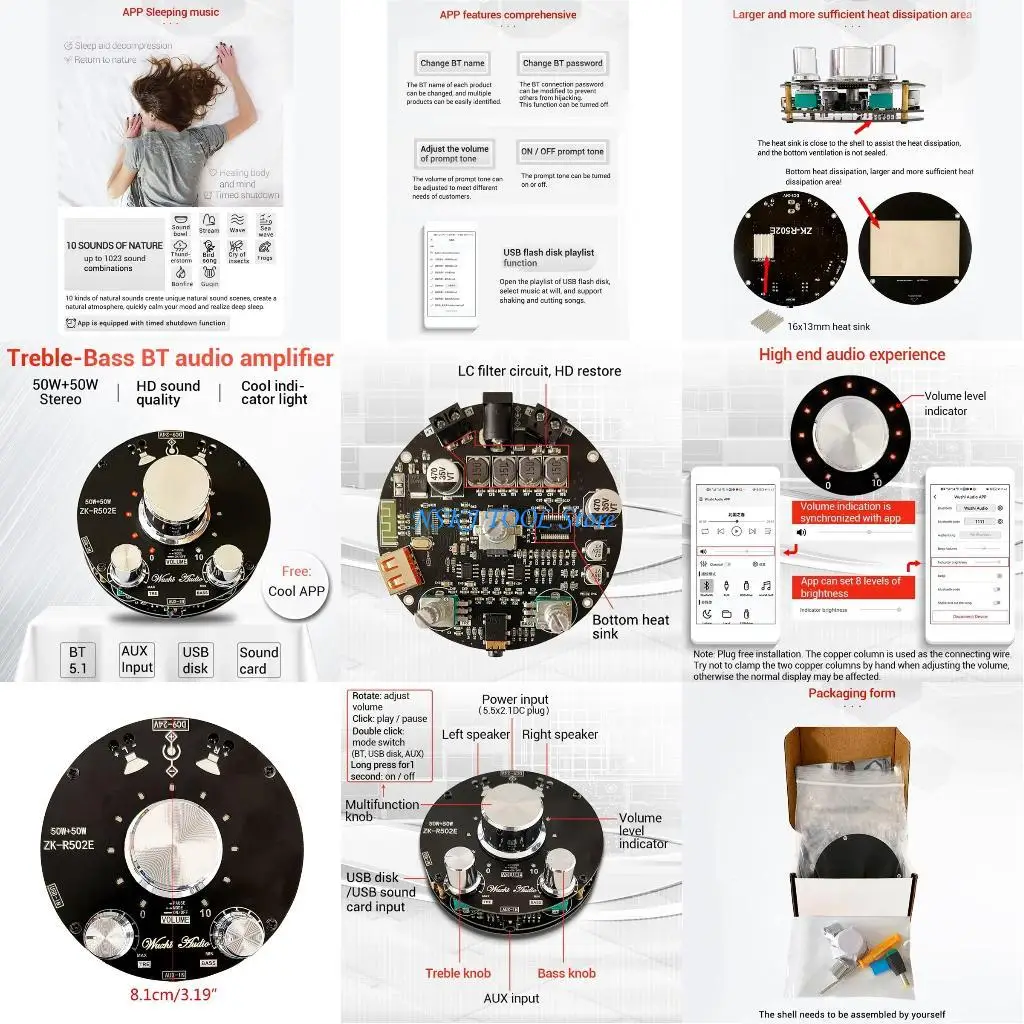

L8RC BT Amplifier Board 50W+50W with APP Control AUX/Blue tooth/USB/Sound Card Input