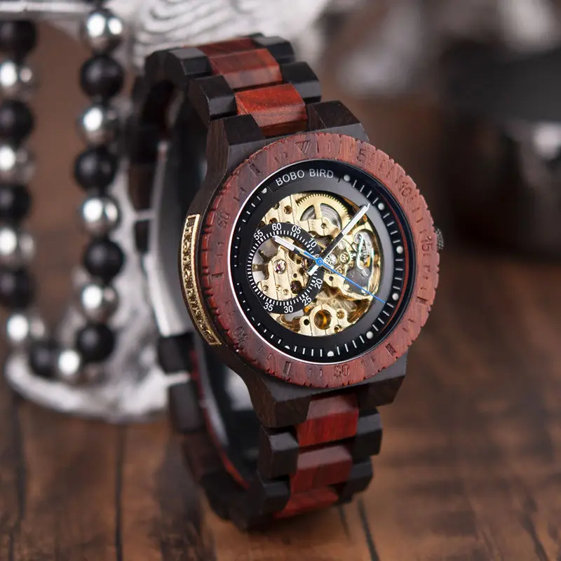 

Men's luminous hollow automatic mechanical watch steampunk mechanical men's watch wood business watch men