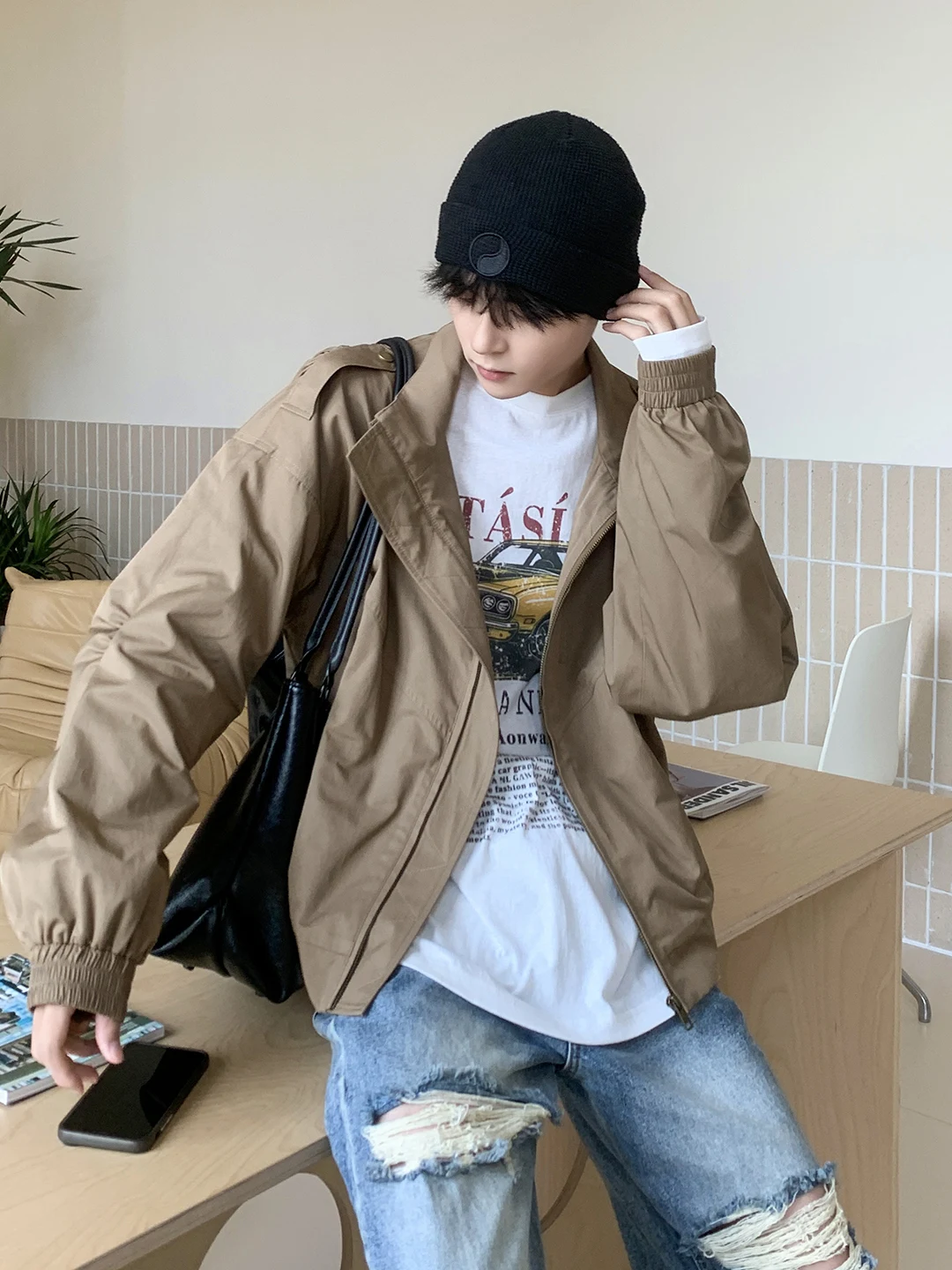 

Khaki ort Tailored Jaet Collar Top Men's Korean Sle High-End Retro Versatile Zipper Coat Outerwear Casual Loose Fit