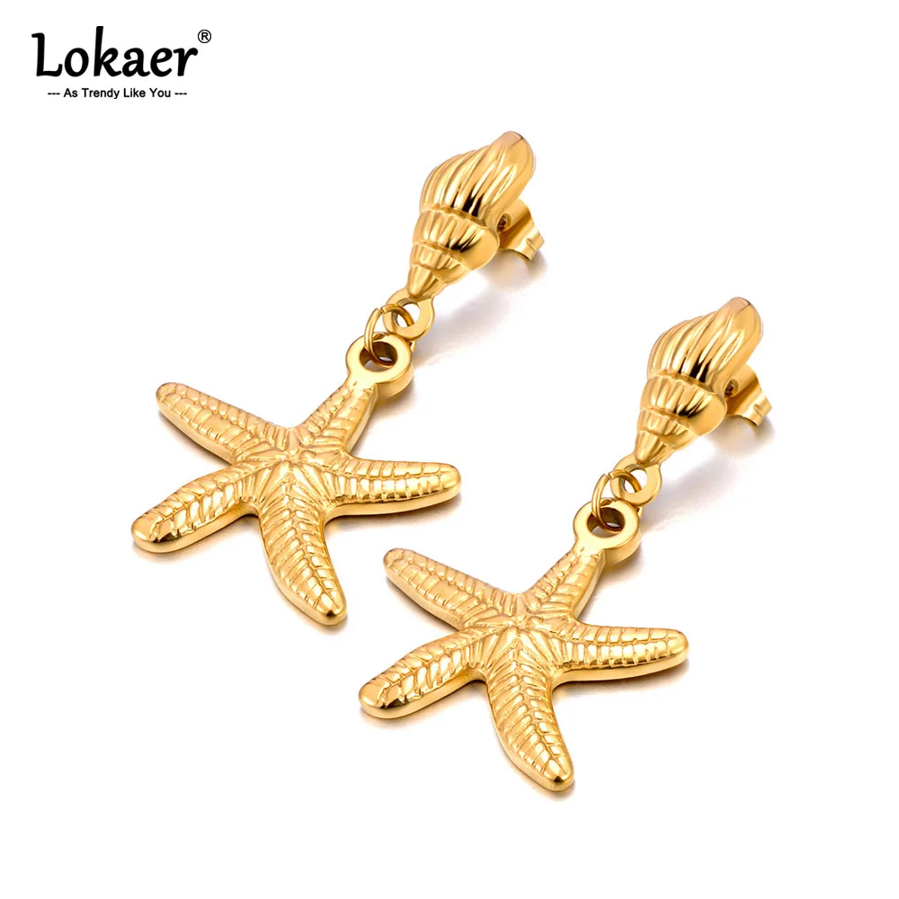 Lokaer Unique Stainless Steel Statement Modern Starfish Conch Earrings Women Gold Color Waterproof Holiday Summer Jewelry E24139