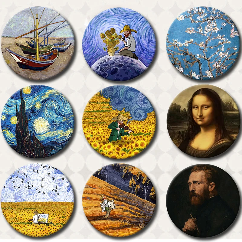 58MM Van Gogh Art Starry Night Sunflower Brooches  Anime Van Gogh  Pins badge Exquisit Badge for Collar Backpack Accessory