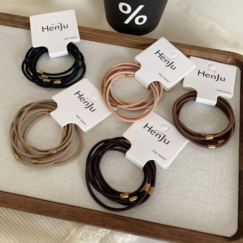 5Pcs High Elasticity Thin Hair Ties Black Brown Basic Ponytail Holders Metal Connector Elegant Strong Grip No Damage for Girls