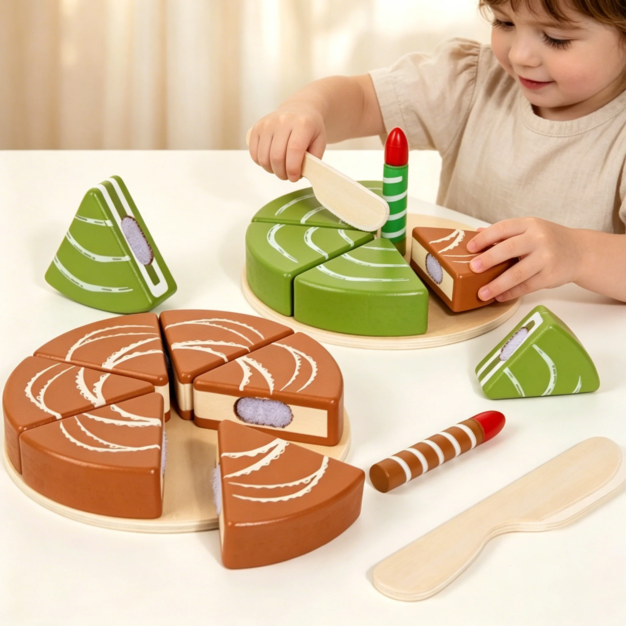 子供用木製シミュレーションケーキカットおもちゃ、ごっこ遊びキッチンロールプレイ早期教育親子インタラクティブおもちゃ