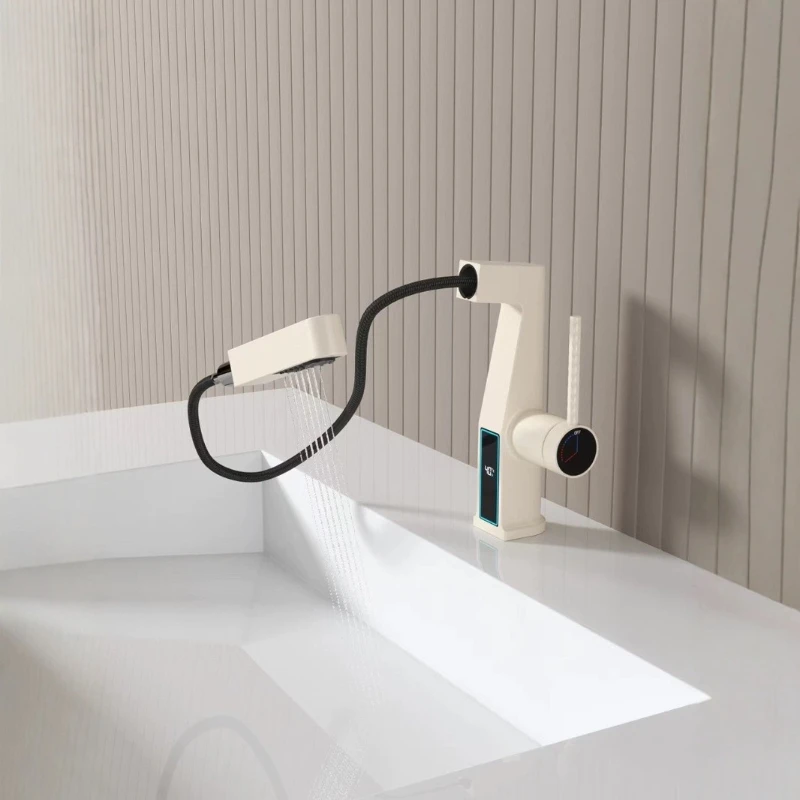 

Milk white upper spray mouth wash basin faucet pull-out faucet hydraulic power generation digital display faucet