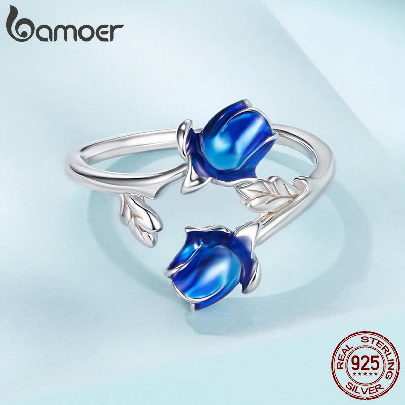 Women's 925 Sterling Silver Rose Open Ring with Blue Enamel