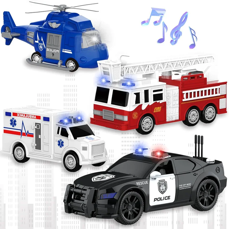 4 Packs Emergency Vehicle Toy Playsets, Friction Powered Vehicles with Light and Sound, Including Fire Truck, Ambulance Toy