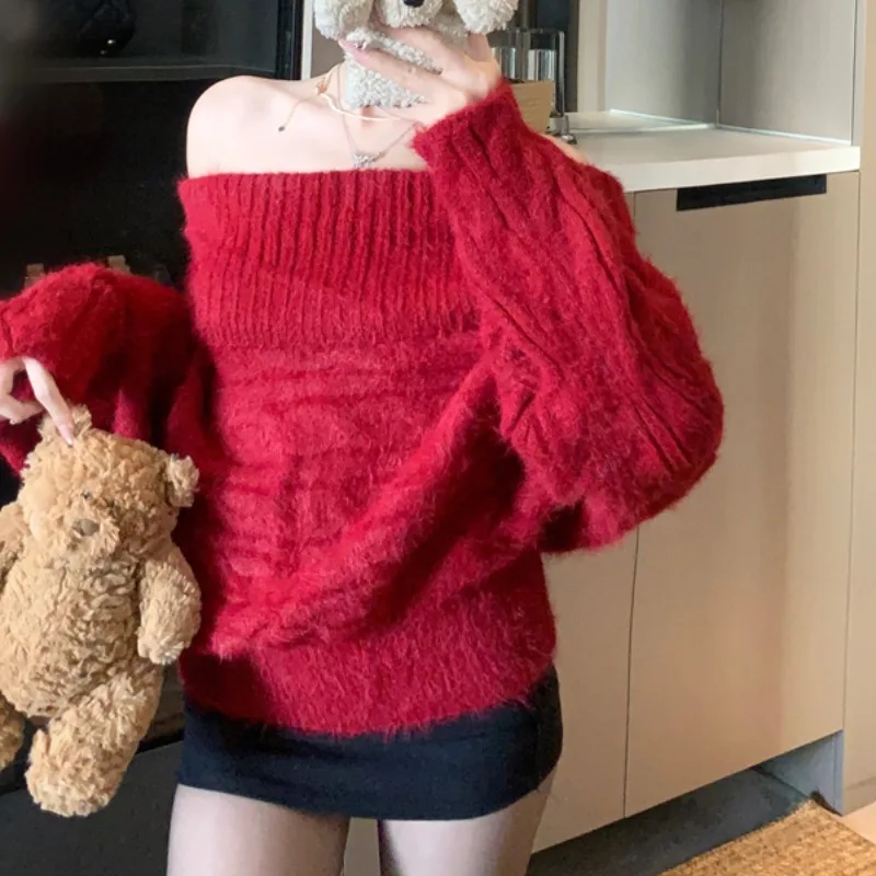 

oulder Bared Lazy Sle Twist Knit Sweater Women's Autumn Winter New Design Pure Desire Top Faionable Casual Long Sve