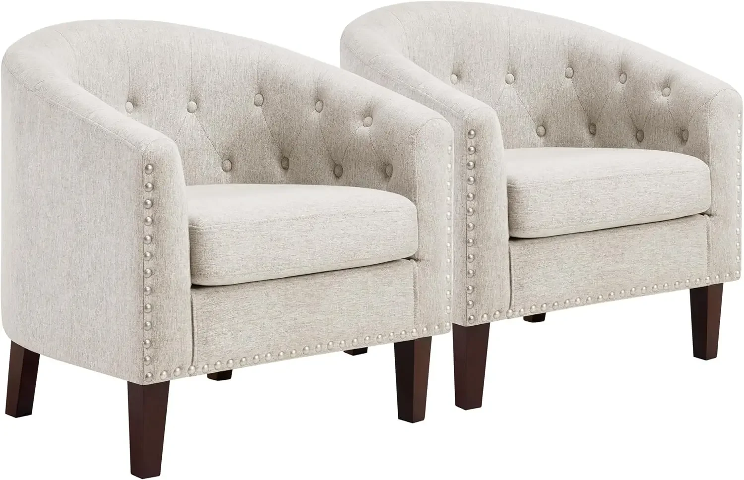 Accent Barrel Chairs Set of 2,Comfy Fabric Club Chair ArmChair with Thicken Cushion,Button-tufted Backrest & Nailhead Trim,Beige