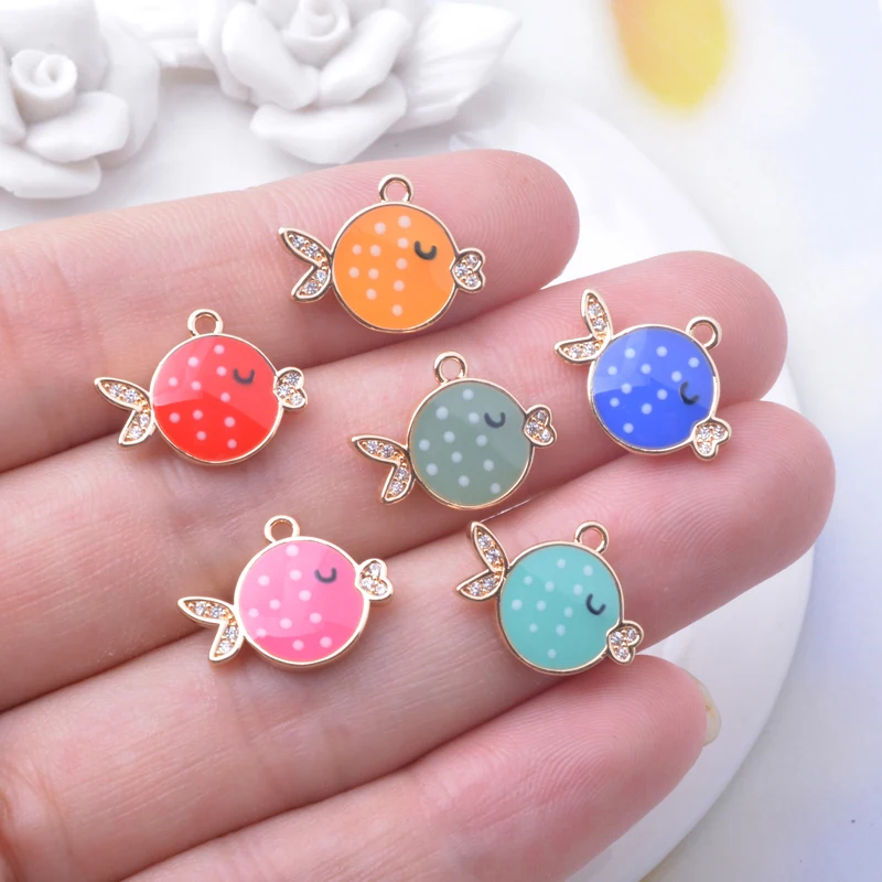 4 Stück Kupfer-Anhänger in guter Qualität, vergoldet, kleine Fisch-Charms, mit Tropfenöl, Zirkon, Emaille, Fisch-Anhänger für DIY-Schmuckherstellung – Detail 8