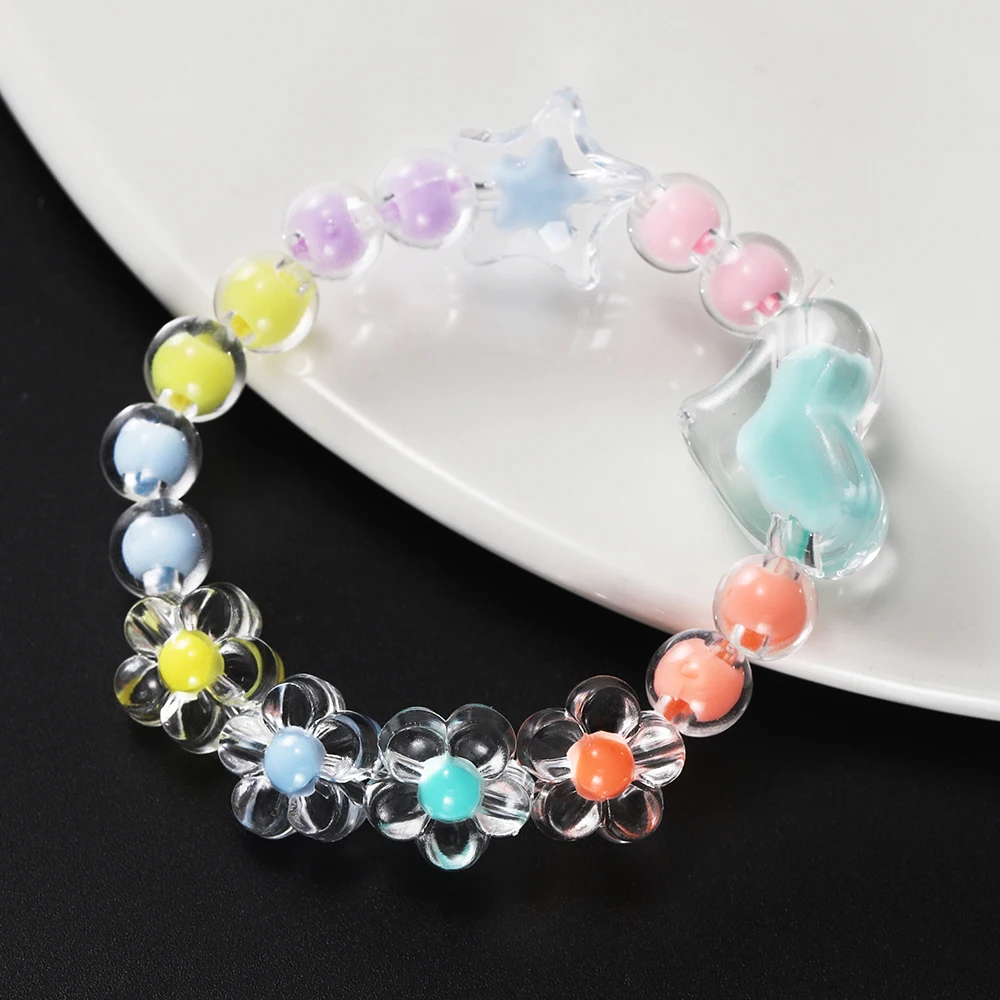 1Box Heart Acrylic Beads Flower Round Spacer Loose Beads Kits For Bracelet Keychain Jewelry Making Kits Accessories