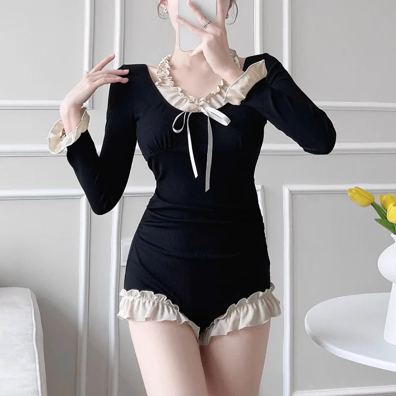 Popular Girls Swimsuits Swimwear Slimming Jumpsuits Sweet Women Swimming Bodysuit Long Sleeved Smooth Beachwear Swimsuit Elastic