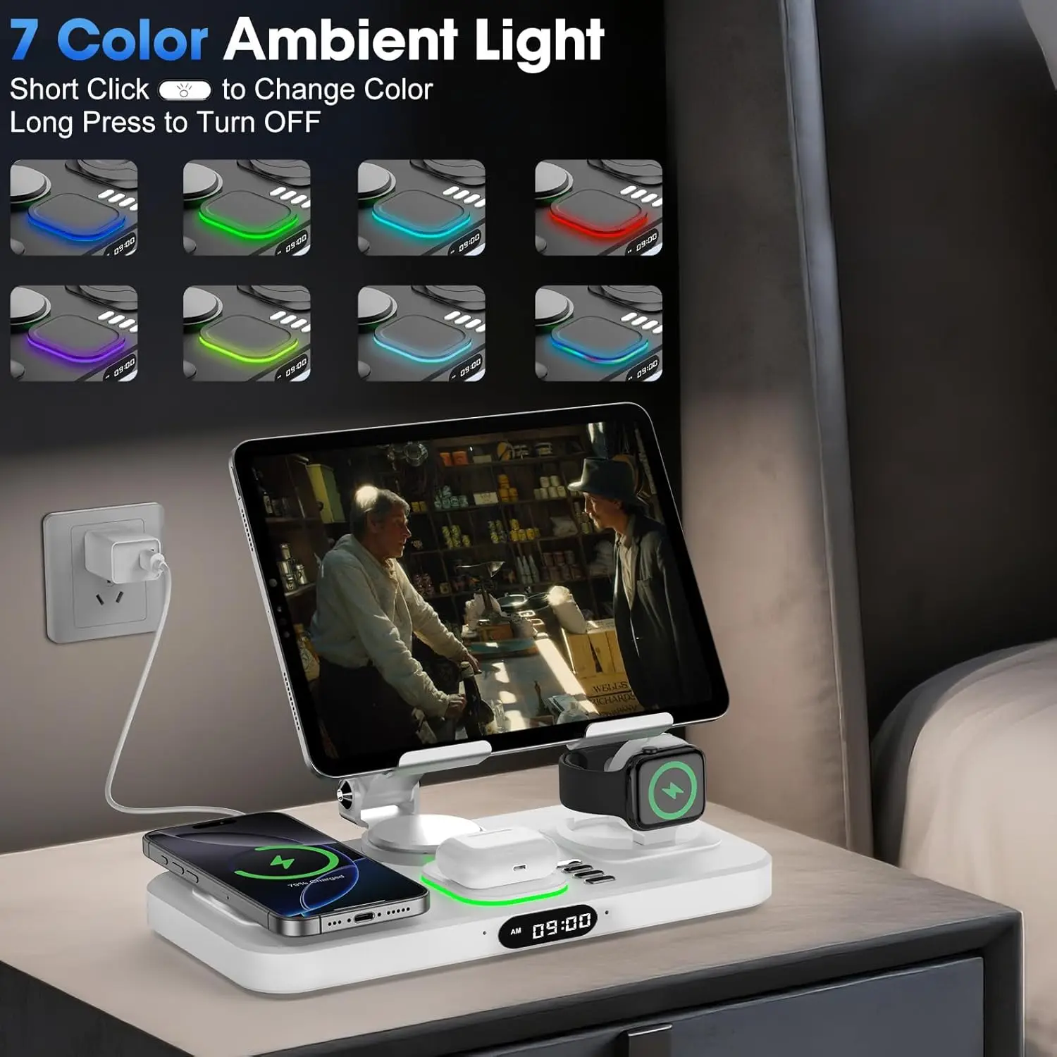 6-in-1 Wireless Charger for Apple (iPhone/Watch/AirPods/iPad) - with Clock, 7-Color Light, Foldable Rotatable Stand