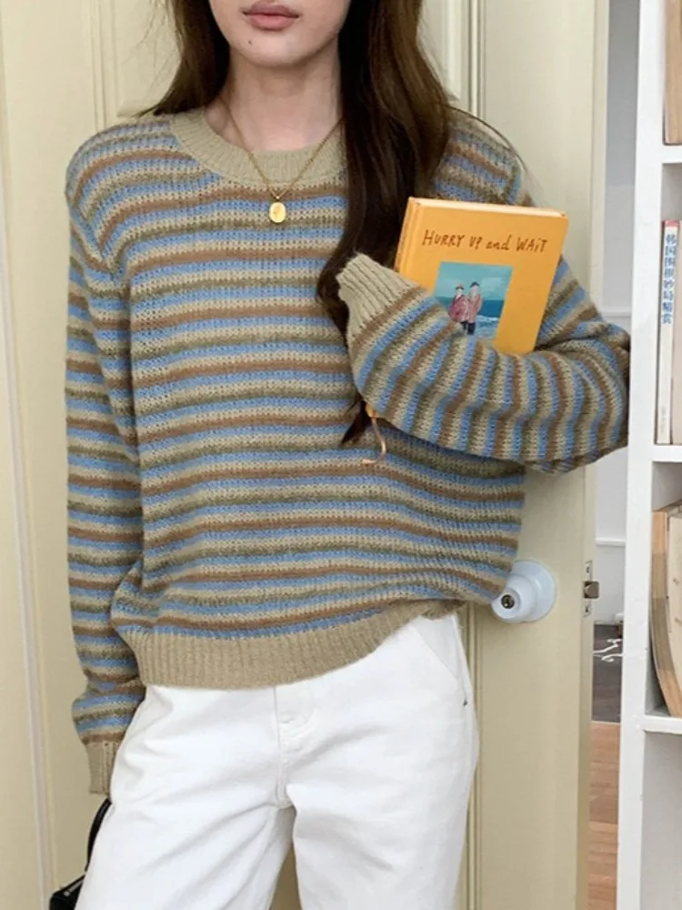 LIinar 2026 Fall Winter New Arrival Women's Mohair Retro Color-Blocked Striped Round-Neck Long-Sleeve Knit Sweater