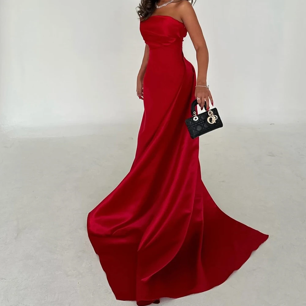 

Customized Temperament Draped Strapless Floor Length Straight Vestidos Para Mujer Satin Sleeveless Sweep Train платье вечернее