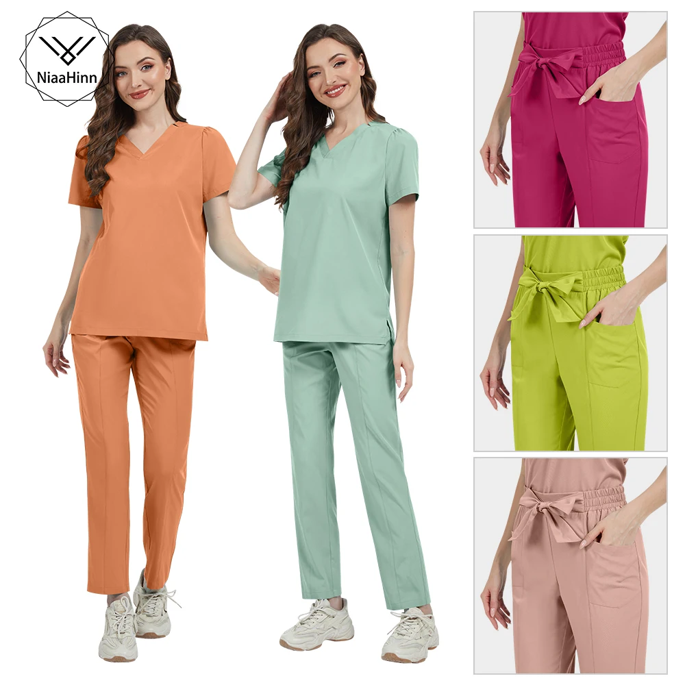 Venta al por mayor, Ropa de Trabajo de alta calidad, uniforme de Hospital para enfermeras, conjunto exfoliante para mujer, pantalones superiores de manga corta, conjuntos de uniformes médicos veterinarios