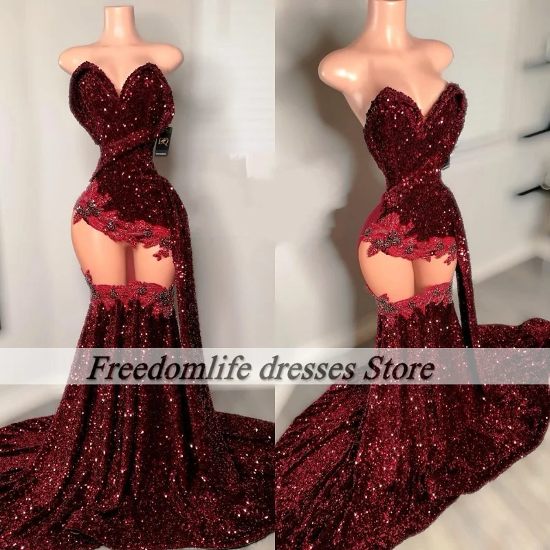 Burgundy Sequin Prom Dresses 2025 Sweetheart Rhinestone Black Girls Mermaid Party Gowns Luxury robe de soirée Customized