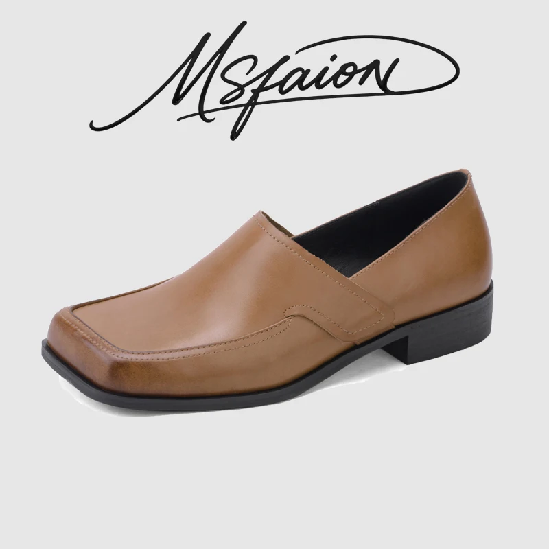 

Women Pumps Quare Toe Genuine Leather Fashion Black Brown Thick Heels New Style Spring Autumn Lady Footwear Loafer Shoes