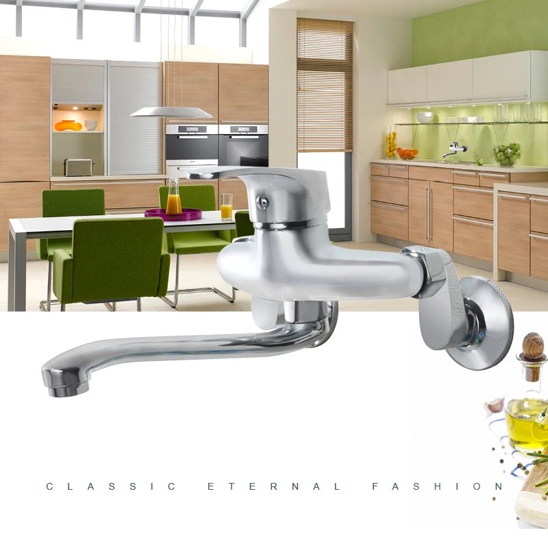 

Dual Hole Kitchen Faucet Wall Mounted Rotatable Vessel Sink Faucet Modern Single Handle Hot and Cold Mixer Tap Chrome