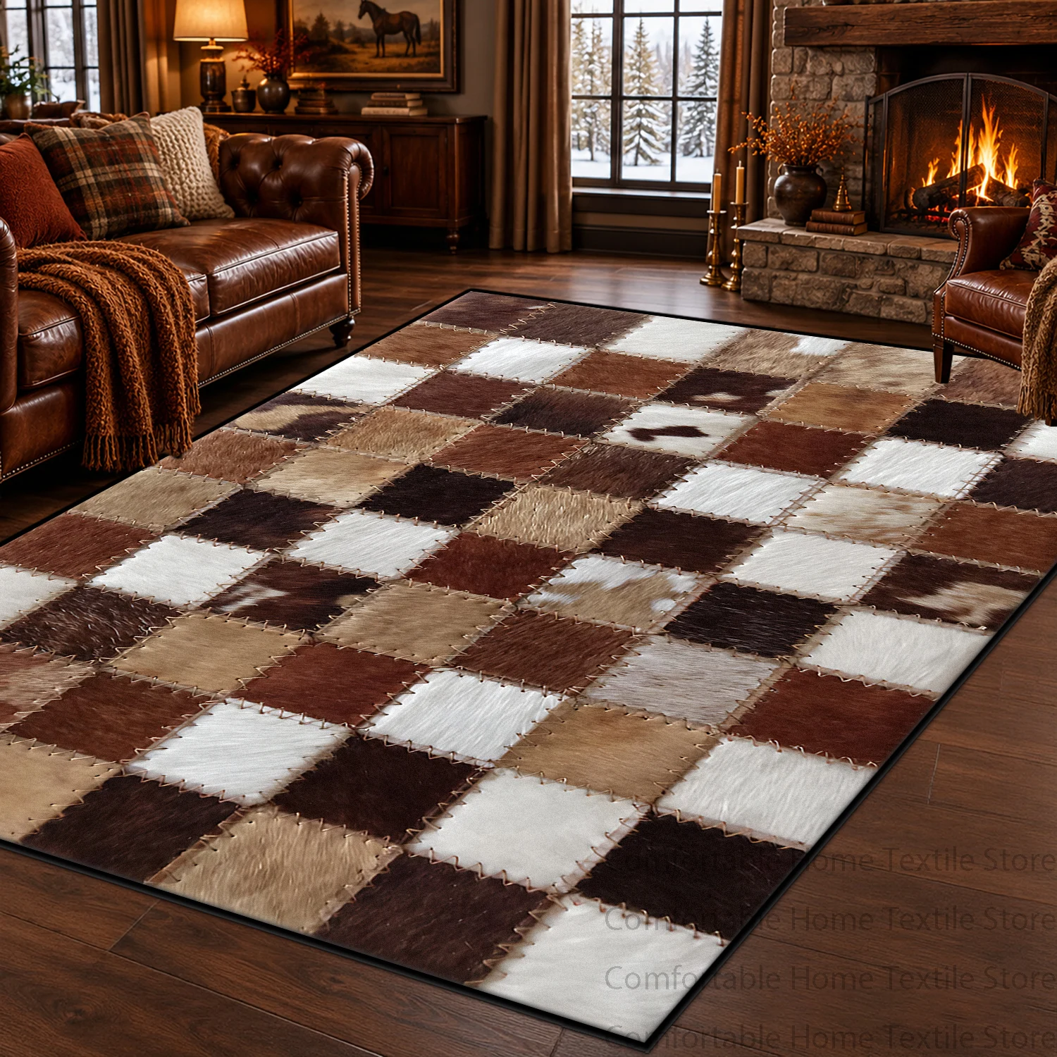 American Vintage Cowboy Style Patchwork Rug for Living Room Brown Autumn and Winter Atmosphere Non-slip Large Size Room Carpet