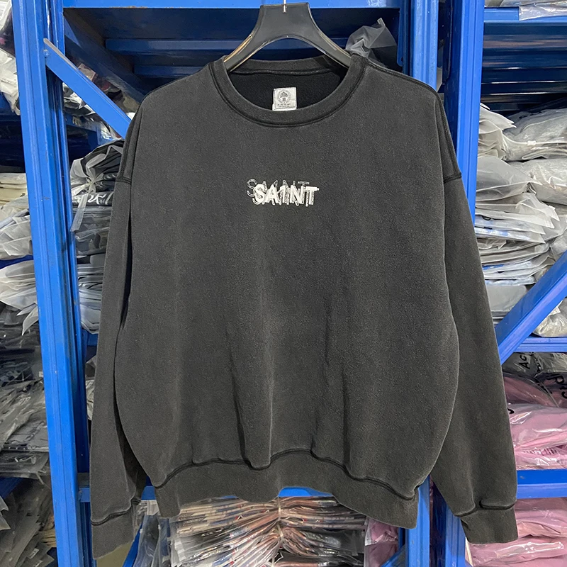 2025秋冬新作 セント ラウンドネック フーディー アメリカンヴィンテージ ルーズ フリース裏地付き オールドウォッシュ加工 長袖フーディー