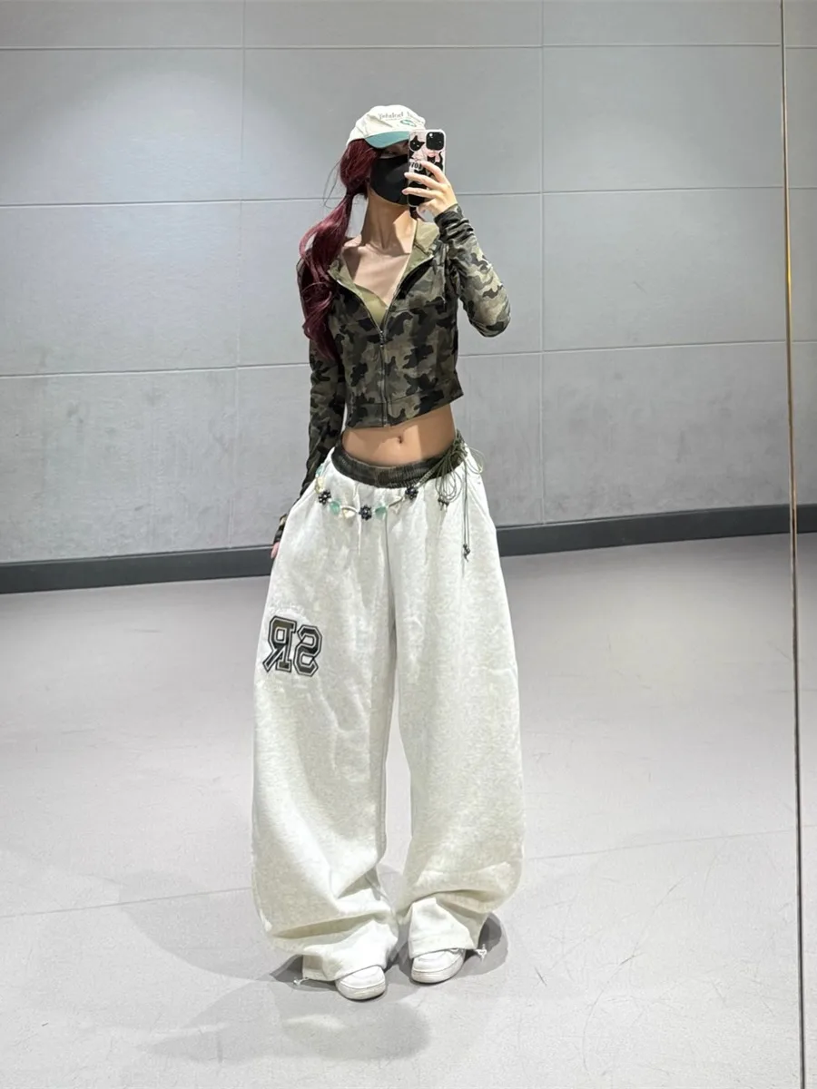 

Американская камуфляжная куртка с капюшоном и спортивные брюки с высокой талией, прямые брюки свободного кроя для джазовых танцев, осень-зима