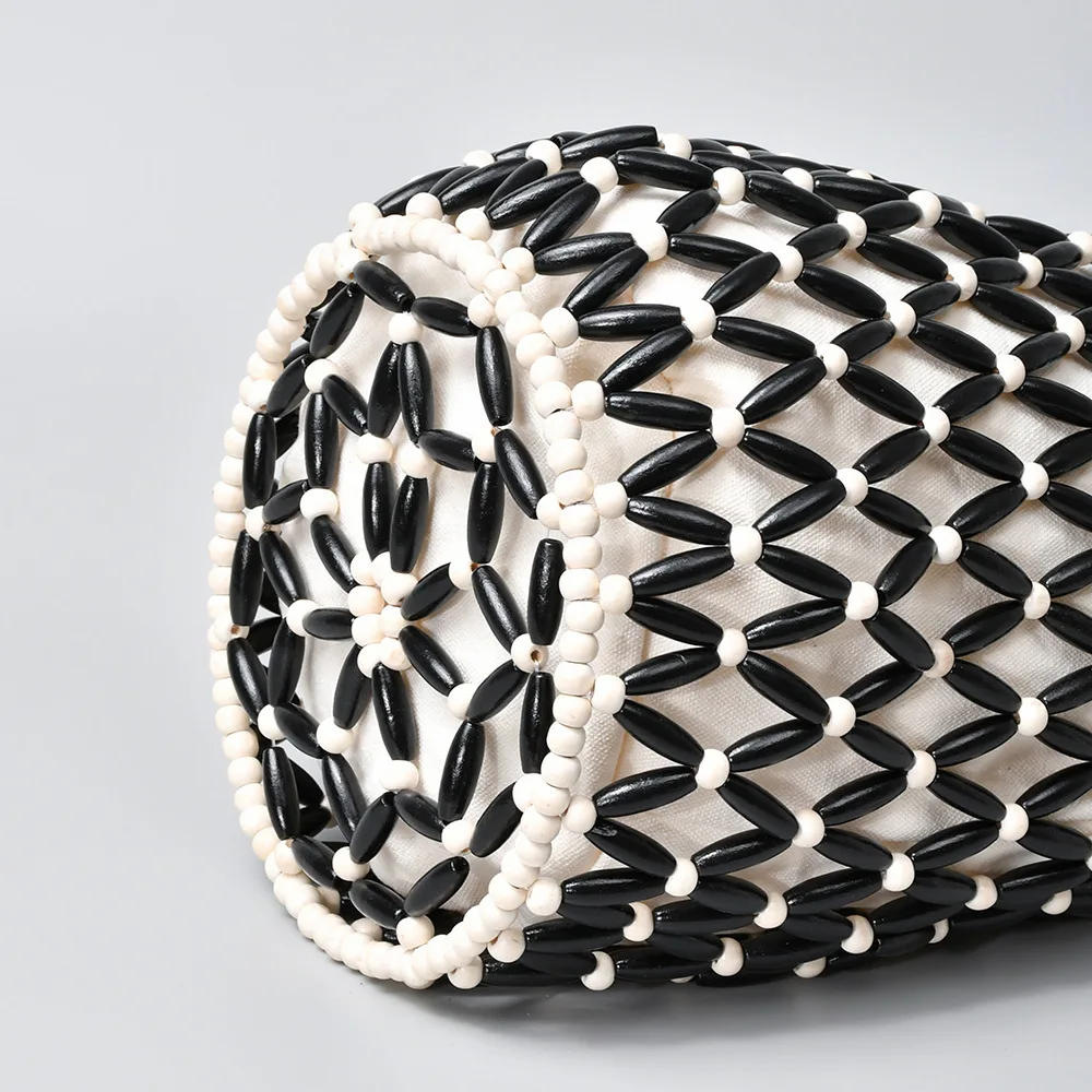 Women Woven Hand Bag Summer Design Hollow-out Wooden Bead Tote Bucket Shoulder Bag Female Reticulate Netted Canvas Beach Handbag