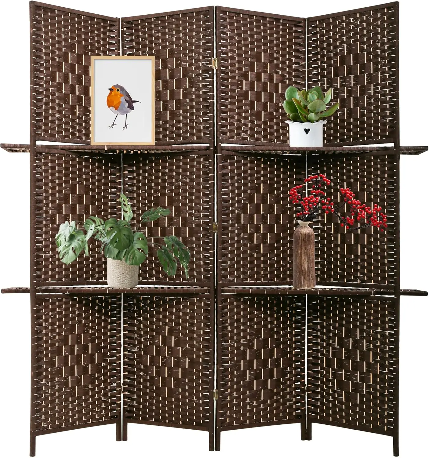 

4 Panel Room Divider with Removable Shelves, Brown Wooden Screen for Privacy, Folding Partition for Home Office
