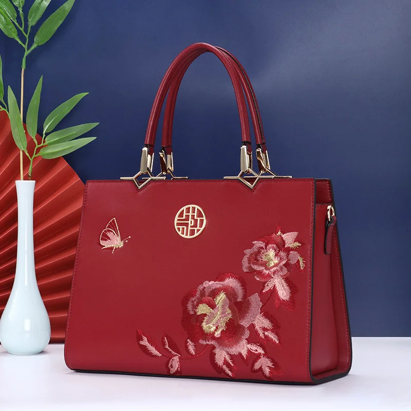 2023 New Chinese Style Mom Bag Women Middle-aged Atmosphere China-Chic Embroidery Handbag Split Leather Shoulder Bag Messenger