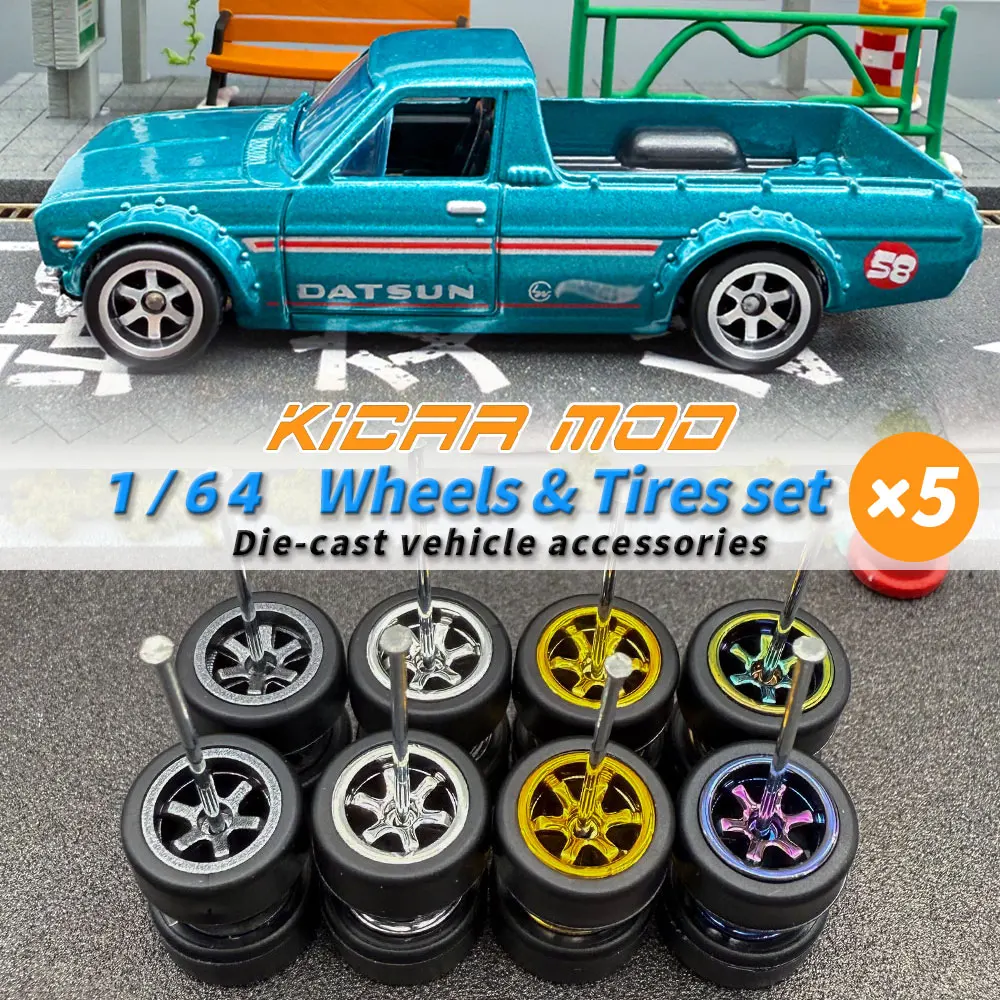 1/64  Model Rubber Tires Cast Car Six-claw Wheels Diameter: 9.6mm for Q Car Hobby Modified Parts 5 sets/packages