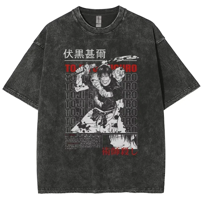 Jujutsu Kaisen سلسلة أزياء الرسوم المتحركة الجديدة تي شيرت رجالي مع مطبوعات مغسولة أنيقة للرجال نمط تي شيرت