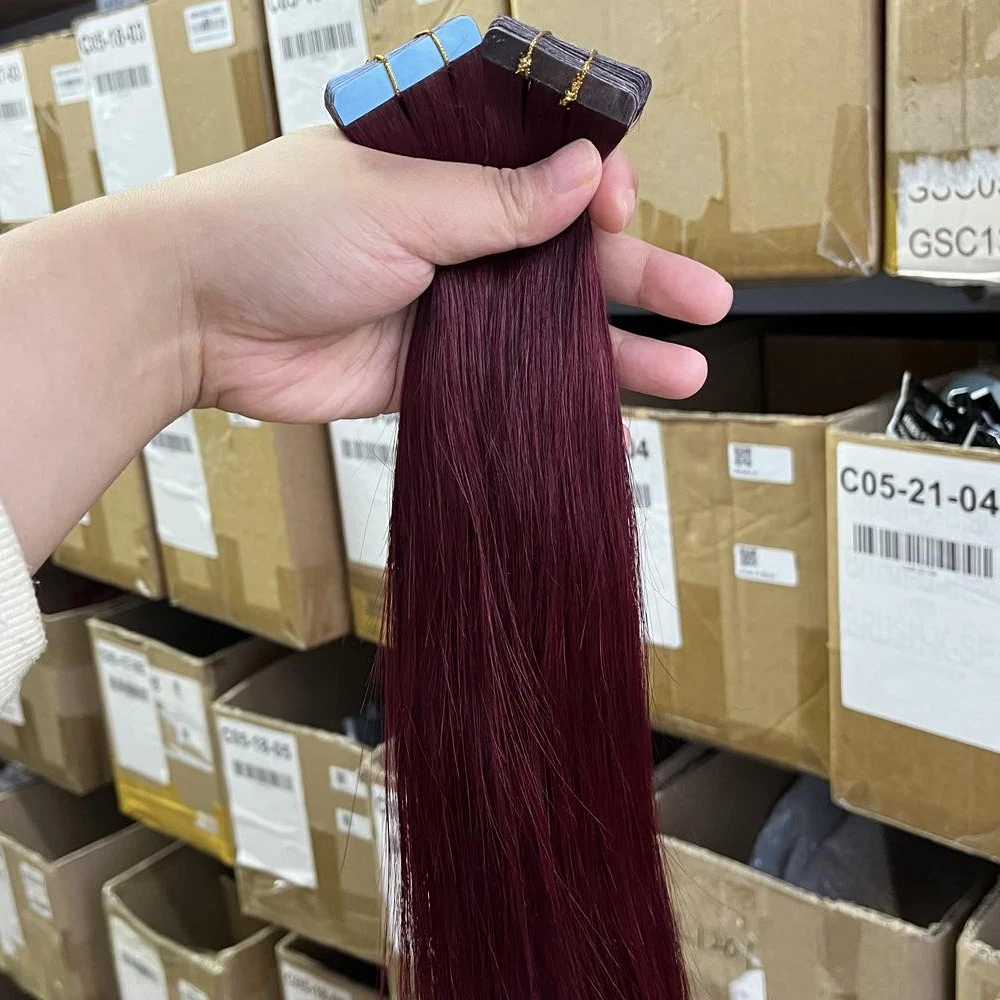 99J# Invisible Tape in Human Hair Extensions 30g/pack Burgundy Real Natural Straight Human Hair for Women